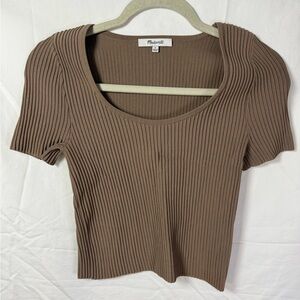 Madewell Ribbed Knit Square Neck Top Brown Short Sleeve Stretch Size S